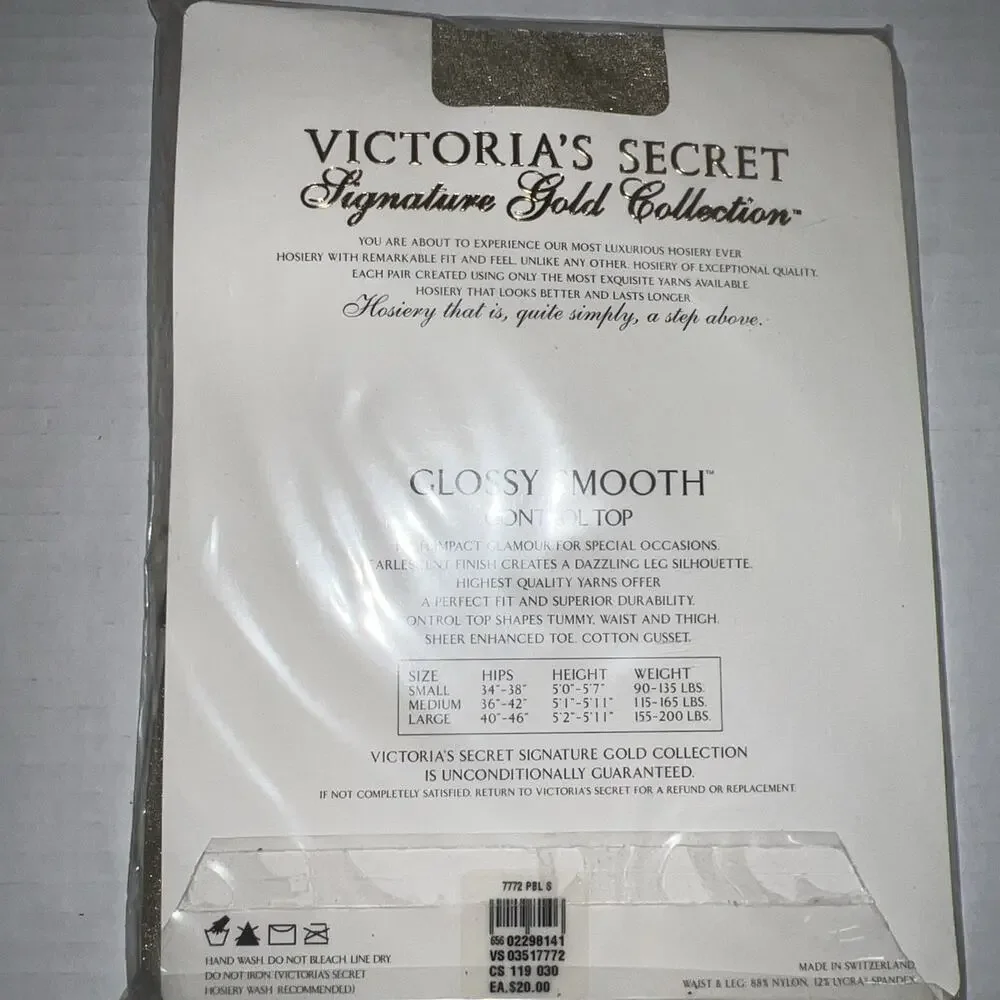 Vtg Victoria's Secret Signature Gold Glossy Smooth Control Top Hosiery Pebble S